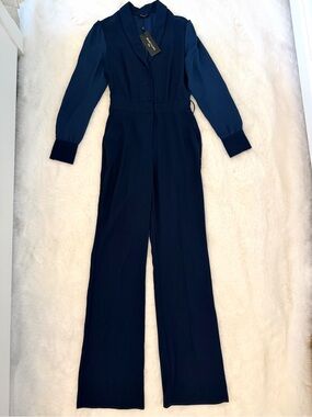 NWT Marciano By Guess Moira Navy Blue Long Sleeve Wide Leg Jumpsuit